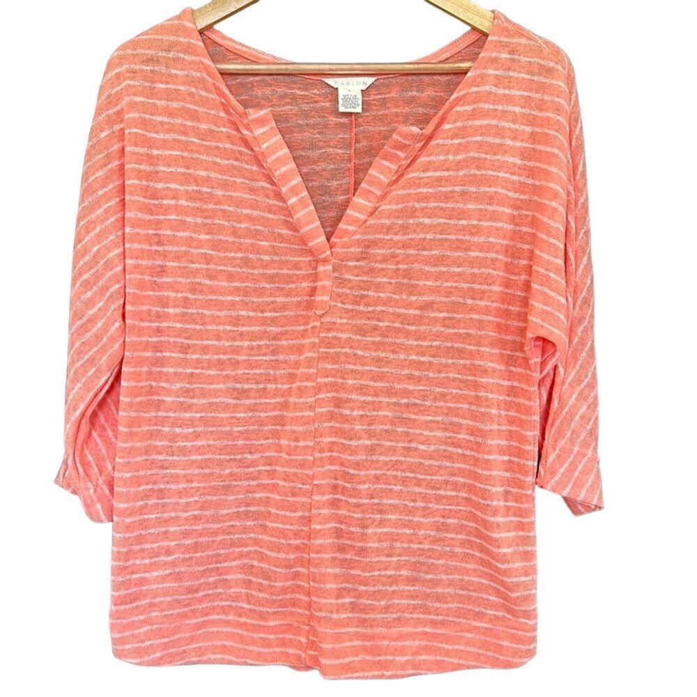 Caslon - Women's Coral White Northshore Stripped 3/4 Sleeve Top - Picture 5 of 9